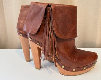 INC International Concepts Womens Brown Leather Fringe Wood Platform Boots 8M