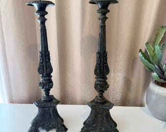 Castilian 1562 Bronze Verdigris Pricket Candlesticks Set of 2 Ornate Tall Pair