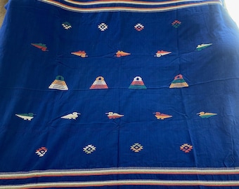 Embroidered Textile Wall Hanging Tapestry Folk Art Bird Geometric Blue