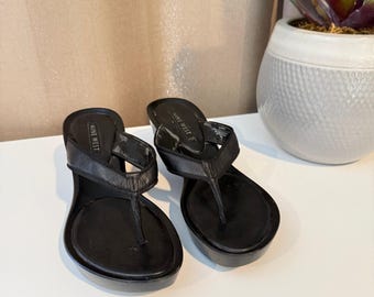 Nine West NWORENDA Schwarz Leder Plateau Keil Sandalen Damen 6 M Y2K