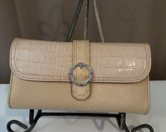 Brighton Womens Beige Leather Croc Embossed Flap Wallet Organizer