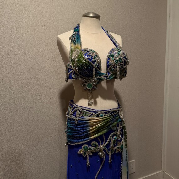 Professional Belly Dance Costume Set Blue Green Beade… - Gem