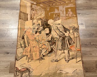 Arazzo da parete vintage del XVIII secolo con scena di corte e anelli per appenderlo, colore marrone.