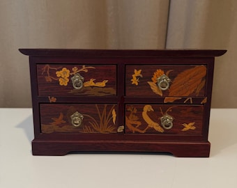 Vintage japansk Yosegi Zaiku intarsia trä smyckeskrin med 4 lådor kraninlägg