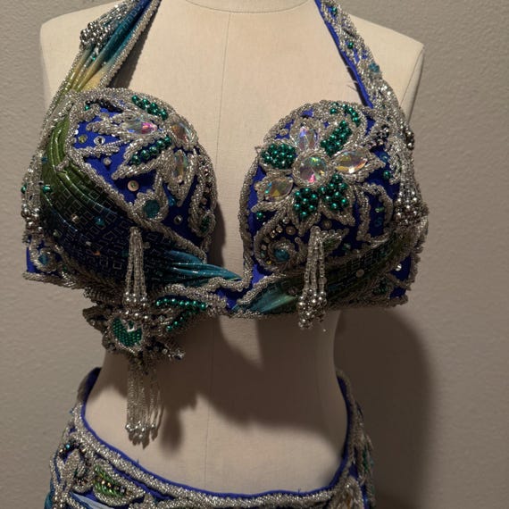 Professional Belly Dance Costume Set Blue Green Beade… - Gem