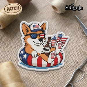May include: Embroidered patch featuring a corgi dog wearing sunglasses and a hat with an American flag design. The dog is relaxing in a red, white, and blue inflatable ring, holding a beer bottle and flags. The patch has the word "PATCH" on it.