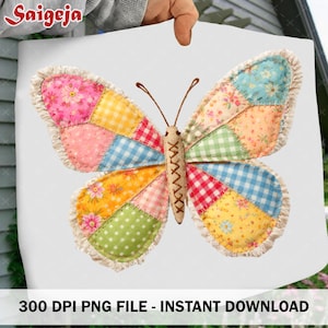 May include: A patchwork butterfly with wings made from assorted patterned fabrics, including floral, gingham, and polka dots. The butterfly features brown antennae and a stitched body. The image includes the text "300 DPI PNG FILE - INSTANT DOWNLOAD".