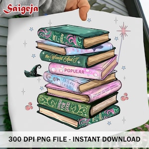 Könnte beinhalten: Ein Stapel Bücher mit grünen und rosa Einbänden, mit Titeln wie "The Wizard And I" und "Popular". Ein Hexenhut und Sterne schmücken das Bild. Der Text "300 DPI PNG FILE - INSTANT DOWNLOAD" befindet sich unten.