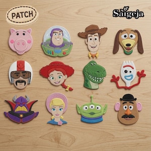 May include: A collection of twelve embroidered patches featuring characters from the Toy Story franchise, including a pig, space ranger, cowboy, dog, stuntman, cowgirl, dinosaur, spork, villain, shepherd, alien, and potato figure, with the text Saigeja.
