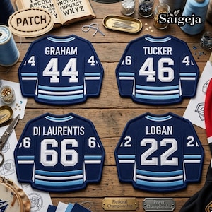 May include: Four navy blue jersey patches with white and light blue accents, each displaying a different name and number. The names are Graham, Tucker, Di Laurentis, and Logan. The numbers are 44, 46, 66, and 22. The word "PATCH" is on a circular patch.