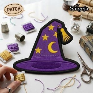 May include: A purple embroidered wizard hat patch with yellow stars and a crescent moon. The patch has a black border and a yellow tassel. The word "PATCH" is on a small wooden oval. Sewing supplies, including thread spools and thimbles, are also visible.