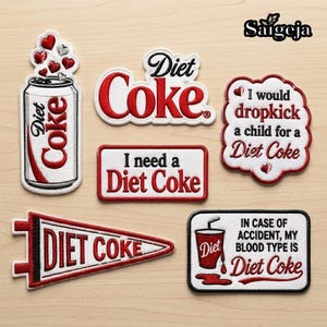 May include: A collection of embroidered patches with "Diet Coke" branding. Designs include a soda can with hearts, the Diet Coke logo, and phrases such as "I need a Diet Coke" and "In case of accident, my blood type is Diet Coke."