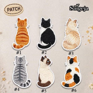 May include: Embroidered cat patches in various colors and patterns, including orange tabby, black and white, and gray striped. Each patch is numbered and features a detailed design, perfect for adding to clothing or accessories. The word "PATCH" is on a separate patch.