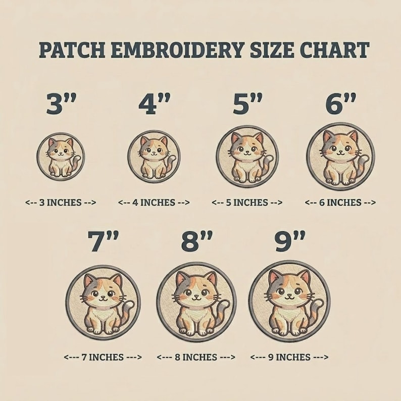 Pu&ograve; includere: Una tabella delle taglie per ricami di patch con patch circolari con un design a gatto dei cartoni animati. Le dimensioni variano da 7,6 cm a 22,9 cm di diametro, con misure in pollici. Il testo "PATCH EMBROIDERY SIZE CHART" &egrave; in alto.