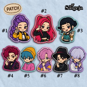 May include: A collection of eight embroidered patches featuring anime-style characters with various hairstyles and outfits. Each patch is numbered and has a unique design, with vibrant colors and detailed stitching. The word "PATCH" is on a separate patch.