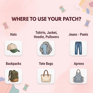 May include: An informational graphic titled WHERE TO USE YOUR PATCH? featuring illustrations of a baseball cap, a hooded jacket, blue jeans, a backpack, a tote bag, and an apron. The design includes small thread spool icons on a light pink background.