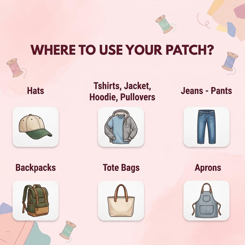 May include: An informational graphic titled WHERE TO USE YOUR PATCH? featuring illustrations of a baseball cap, a hooded jacket, blue jeans, a backpack, a tote bag, and an apron. The design includes small thread spool icons on a light pink background.