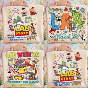 May include: Four beige tote bags with colorful cartoon designs. Each bag features lab-themed illustrations, including beakers, microscopes, and the text "LAB STORY" and "TO INFINITY AND BEYOND FOR OUR PATIENTS". One bag also says "Week 26".