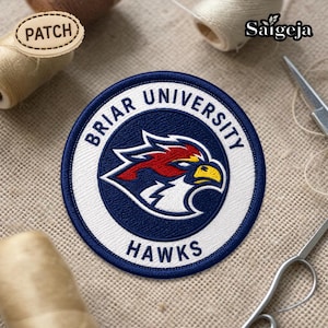 Könnte beinhalten: Ein runder, gestickter Aufnäher mit dem Text "BRIAR UNIVERSITY" in Weiß auf marineblauem Hintergrund. Der Aufnäher hat einen weißen Rand und ein zentrales Design eines Falken mit roten, gelben und weißen Details. Das Wort "HAWKS" steht unten.