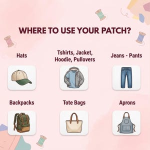 Pu&ograve; includere: Una guida illustrata intitolata "DOVE USARE LA TUA PATCH?" mostra esempi di dove applicare le patch. L'immagine include illustrazioni di un cappello, una maglietta, jeans, uno zaino, una borsa tote e un grembiule, con etichette di testo per ogni articolo.