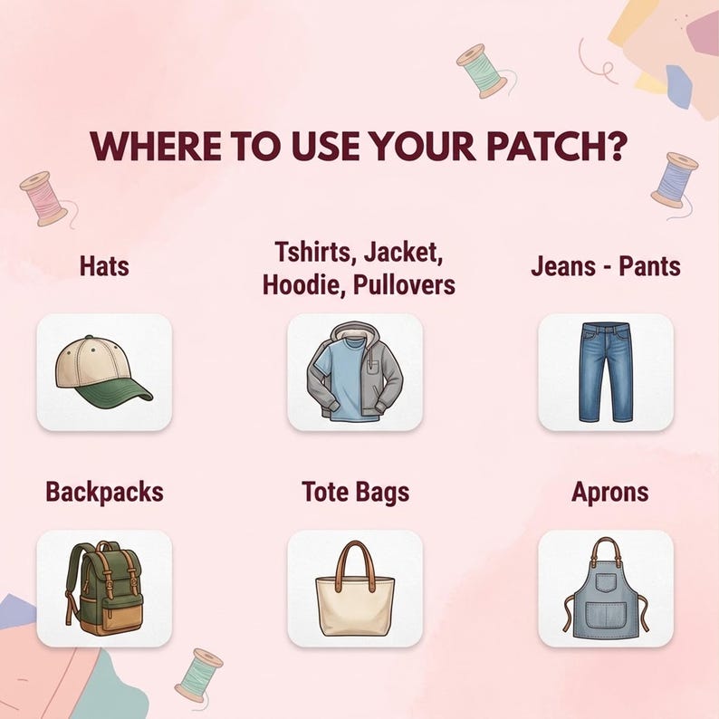 Pu&ograve; includere: Una guida illustrata intitolata "DOVE USARE LA TUA PATCH?" mostra esempi di dove applicare le patch. L'immagine include illustrazioni di un cappello, una maglietta, jeans, uno zaino, una borsa tote e un grembiule, con etichette di testo per ogni articolo.