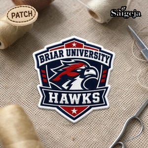 Könnte beinhalten: Gestickter Aufnäher mit dem Logo der Briar University Hawks. Der schildförmige Aufnäher zeigt die Wörter "Briar University" und "Hawks" in weißer Schrift. Das Logo zeigt einen roten und weißen Falkenkopf auf marineblauem Hintergrund.