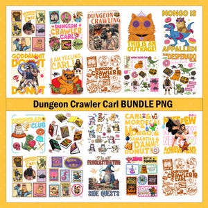 May include: A collection of colorful PNG graphics featuring characters and phrases from "Dungeon Crawler Carl." The designs include cartoon cats, dinosaurs, donuts, and text like "This is an Outrage!" and "I am yelling Carl!"