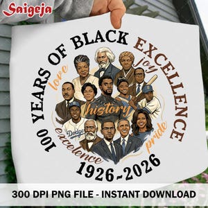 May include: A white graphic featuring portraits of notable Black figures. The text reads "100 Years of Black Excellence 1926-2026" with words like "love," "joy," and "pride." The word "history" is also present. The image is held by a hand.