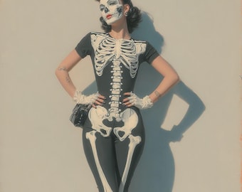 Skeleton Pin-Up Girl Wall Art | Vintage Halloween Burlesque Poster | Retro Digital Download