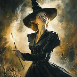 Lanzando un hechizo; mujer bruja, pintura de decoración de pared de Halloween, Halloween estilo pin-up, arte vintage de Halloween, pintura de arte pulp