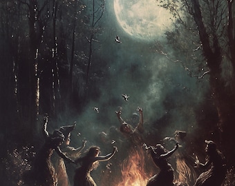 Witches Gathered Around The Fire; Halloween Wall Art, Witch Painting, Salem Witches, Halloween Painting, Oil Painting for Halloween, Gothic