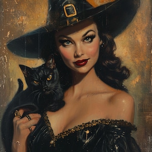 Brujas y sus gatitos; Arte vintage de Halloween, Arte de brujería, Decoración de pared de Halloween, Pintura de pin-up para Halloween