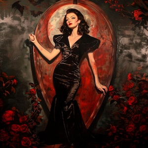 Rose vampire ; Peinture effrayante pour Halloween, oeuvre d&#39;art vintage dans le style pin up pulp art, beauté vampire gothique entourée de roses rouges sanglantes