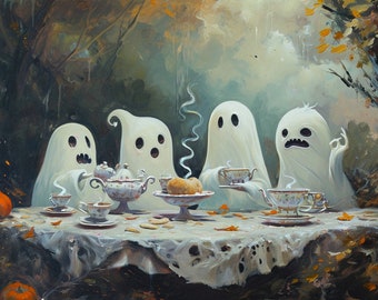 Impresión de una linda fiesta de té de fantasmas, decoración de Halloween espeluznante (descarga digital)