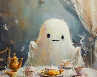 Impresión artística de una linda fiesta de té de fantasmas, decoración de Halloween (descarga digital)
