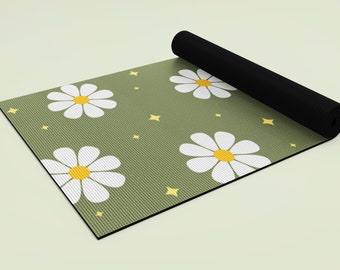 Cute Yoga Mat Soft Rubber Bottom Floral Flower Green Clover Sage Colorful Stars Girly Aesthetic Pilates Exercise Gift Workout