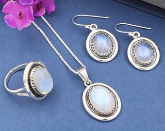 Conjunto de joyas de piedra lunar, collar, pendientes y anillo de plata de ley 925, conjunto de joyas con piedras preciosas, conjunto de joyas para mujer, regalo de Navidad