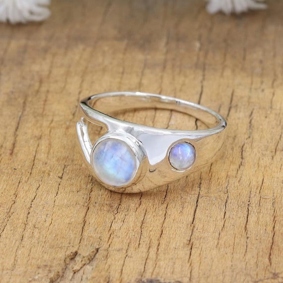 Rainbow Moonstone Ring, Two Stone Ring, Sterling Silver Rings, Statement Ring, Gemstone Ring, June Birthstone Ring, Ring For Her, Gift Ring