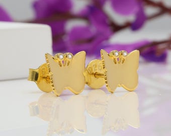 Butterfly Stud Earrings, 925 Sterling Silver Stud Earrings, 18K Yellow Gold Plated, Moissanite Diamond Stud Earring, Gift for Her