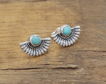 Turquoise Earrings, Solid Silver Stud Earrings, Gemstone Studs Earrings, Tribal Fan Earring, Stud Earrings Women, Handmade Earrings