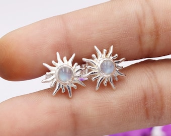 Moonstone Stud Earrings, Solid Silver Stud Earrings, Minimalist Earrings, Gemstone Studs, Unisex Stud Earrings, Handmade Earrings