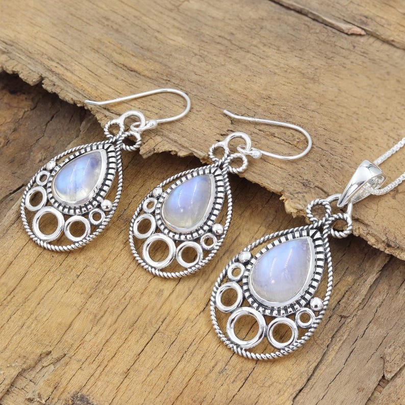 Moonstone Pendant Necklace Earring Set, Sterling Silver Necklace Set, Earring For Her, Necklace Set For Women, Handmade Necklace, Best Gifts