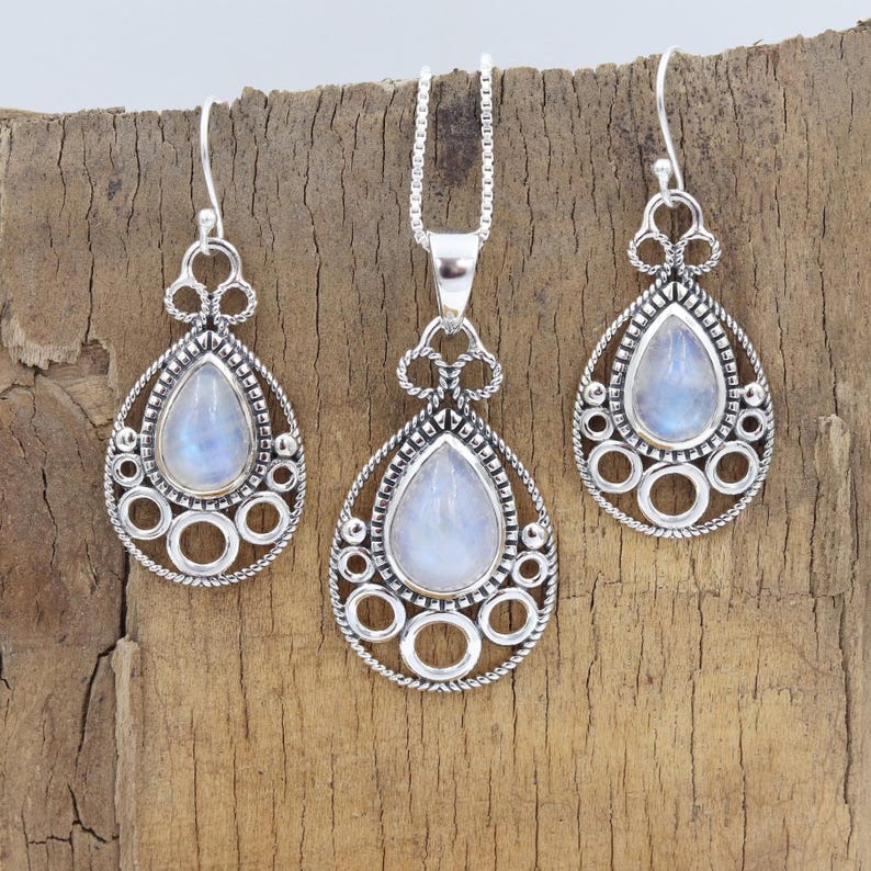 Moonstone Pendant Necklace Earring Set, Sterling Silver Necklace Set, Earring For Her, Necklace Set For Women, Handmade Necklace, Best Gifts