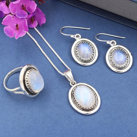 Moonstone Jewelry Set, 925 Sterling Silver Necklace, Earrings, Ring, Jewelry Set, Gemstone Jewelry Set, Women's Jewelry Set, Christmas Gift