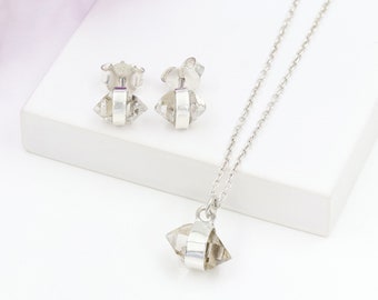 Conjunto de collar y pendientes de diamantes Herkimer, conjunto de joyería para mujer, conjunto de collar de plata de ley, conjunto de joyería artesanal, conjunto de collar y pendientes, el mejor regalo