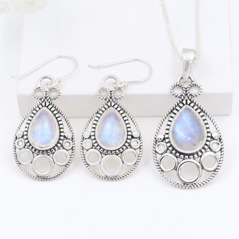 Moonstone Pendant Necklace Earring Set, Sterling Silver Necklace Set, Earring For Her, Necklace Set For Women, Handmade Necklace, Best Gifts
