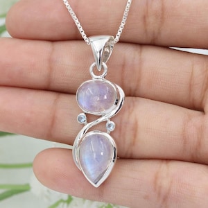 Rainbow Moonstone Necklace, Silver Pendant Necklaces, Blue Topaz Pendant Necklace, Women&#39;s Necklace, Handmade Pendant Necklaces Gift for Her