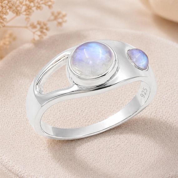 Rainbow Moonstone Ring, Two Stone Ring, Sterling Silver Rings, Statement Ring, Gemstone Ring, June Birthstone Ring, Ring For Her, Gift Ring
