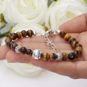 Beaded Bracelet, Solid Sterling Silver Bracelet, Unisex Bracelet, Natural Tiger&#39;s Eye With Silver Handmade Bracelet. Adjustable Bracelet.