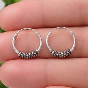 Hoop Earrings, 925 Silver Hoop Earrings, Tribal Boho Hoop Earrings, Small Hoop 10mm, 12mm, Minimalist Earrings, Bali Hoop Earrings for Women